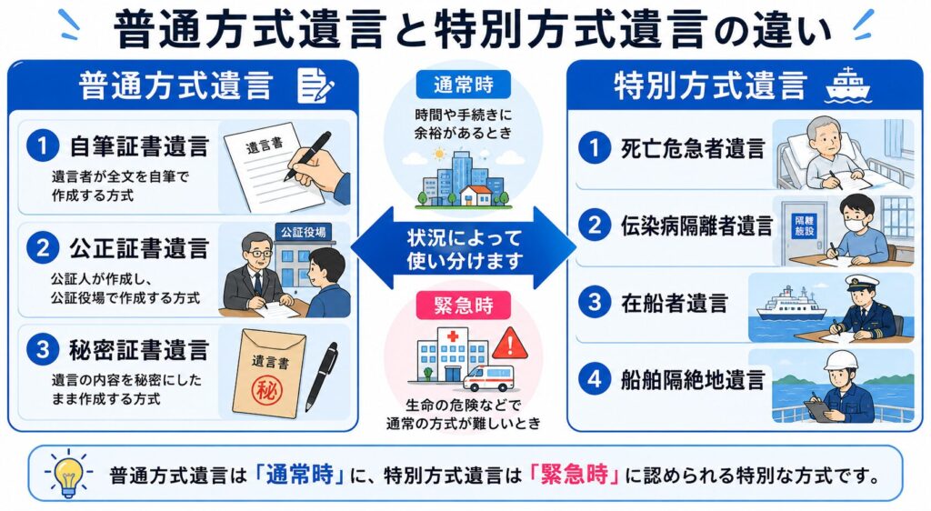 普通方式遺言と特別方式遺言の違いを比較した図解。左側に自筆証書遺言・公正証書遺言・秘密証書遺言、右側に死亡危急者遺言・伝染病隔離者遺言・在船者遺言・船舶隔絶地遺言を配置し、通常時と緊急時で利用される遺言方式の違いを説明している。
