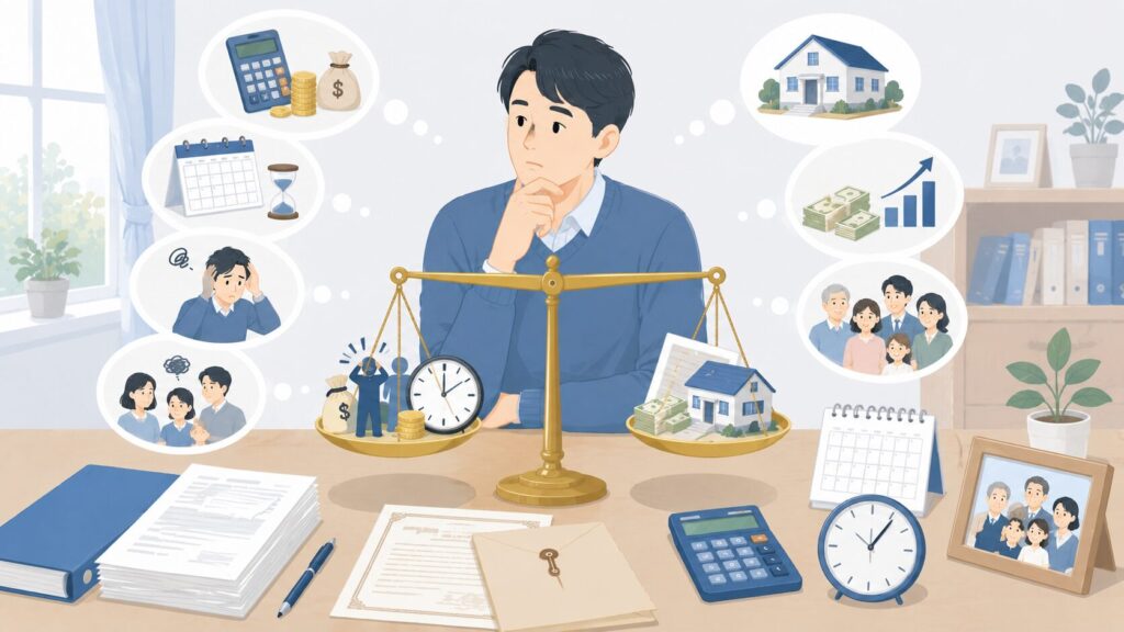遺言無効確認訴訟を起こすかどうか、費用や時間、得られる利益を天秤にかけて考える相続人のイラスト