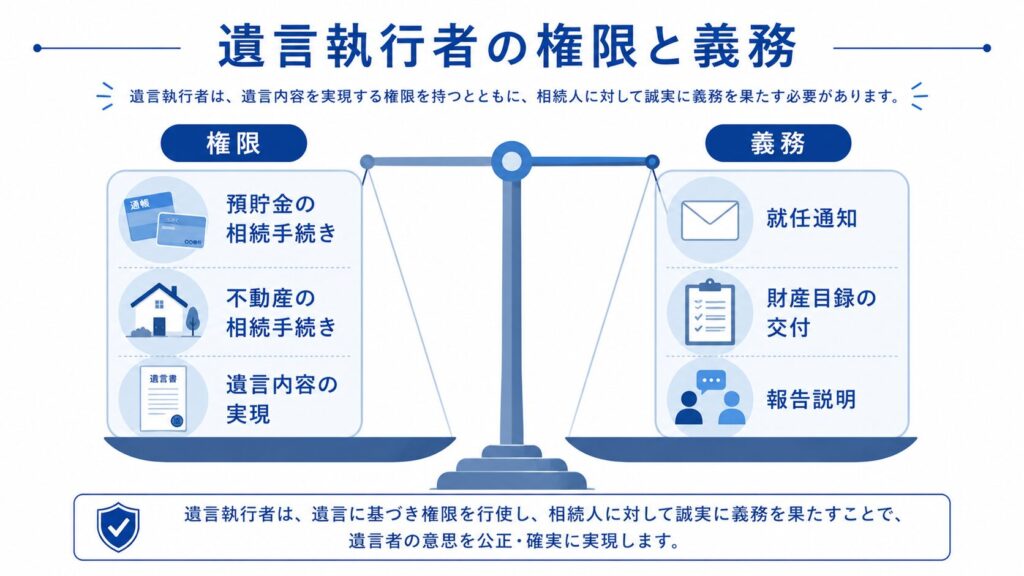 遺言執行者の権限と義務を比較した図解。中央に天秤を配置し、左側の「権限」には預貯金の相続手続き、不動産の相続手続き、遺言内容の実現を表示。右側の「義務」には就任通知、財産目録の交付、報告説明を表示している。遺言執行者が権限と義務の両方を負う立場であることを視覚的に説明している。