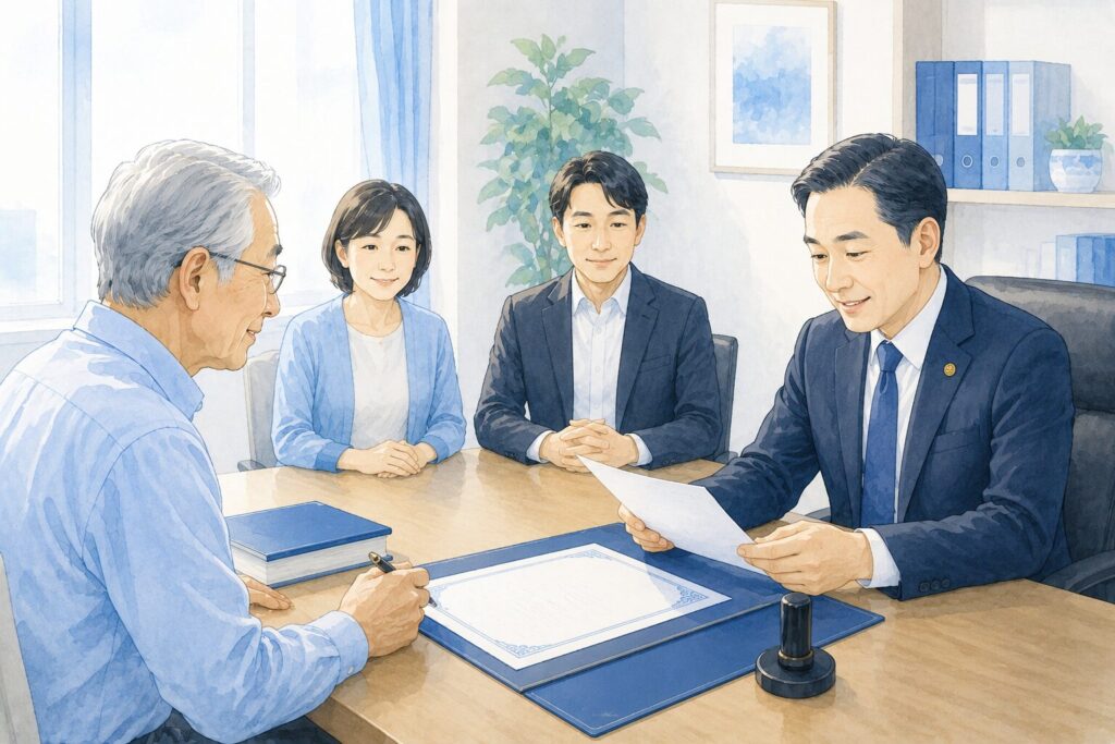 高齢者が公証役場のようなオフィスで、公証人や証人とともに公正証書遺言の書類を確認しているイラスト。