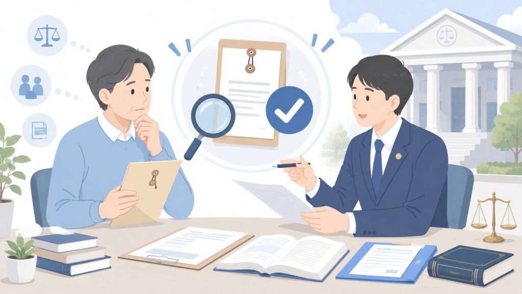 裁判所を背景に、相続人と専門家が遺言書の有効性を確認しているイラスト