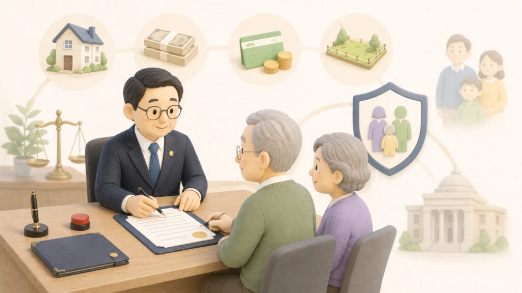 公証人と高齢夫婦が公正証書遺言を作成し、背景に財産アイコンと家族の遺留分を守る盾が描かれた相続イラスト