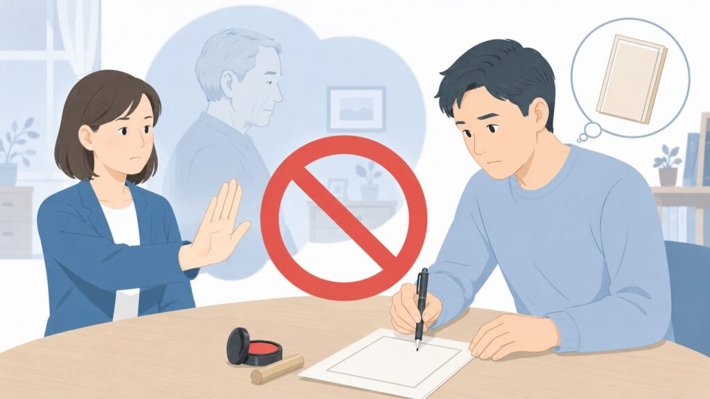 遺言書のような書類と印鑑を前に、成人した子どもが書類を作成しようとしているところを禁止マークが示しているイラスト。背景には高齢の親のシルエットが描かれ、本人の意思なく遺言書を作成してはいけないことを表現している。