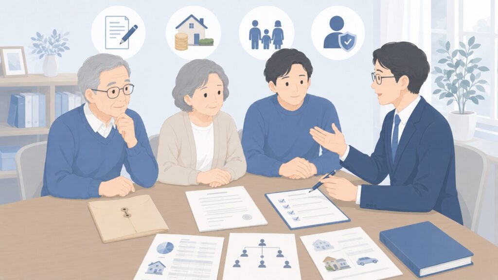 高齢の親と成人した子どもが、行政書士のような専門家から遺言書作成について説明を受けている相談風景。机の上には遺言書案や財産資料、家族構成図が置かれている。