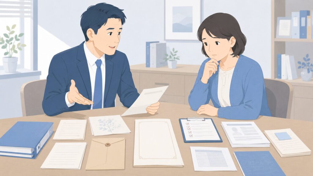 封筒に入った遺言書を中央に配置し、その周囲に「捨てる」「持ち去る」「勝手に開封する」「書き換える」といった行為を示すアイコンと禁止マークが描かれたイラスト。遺言書を見つけた際に避けるべき行動を分かりやすく表現している。