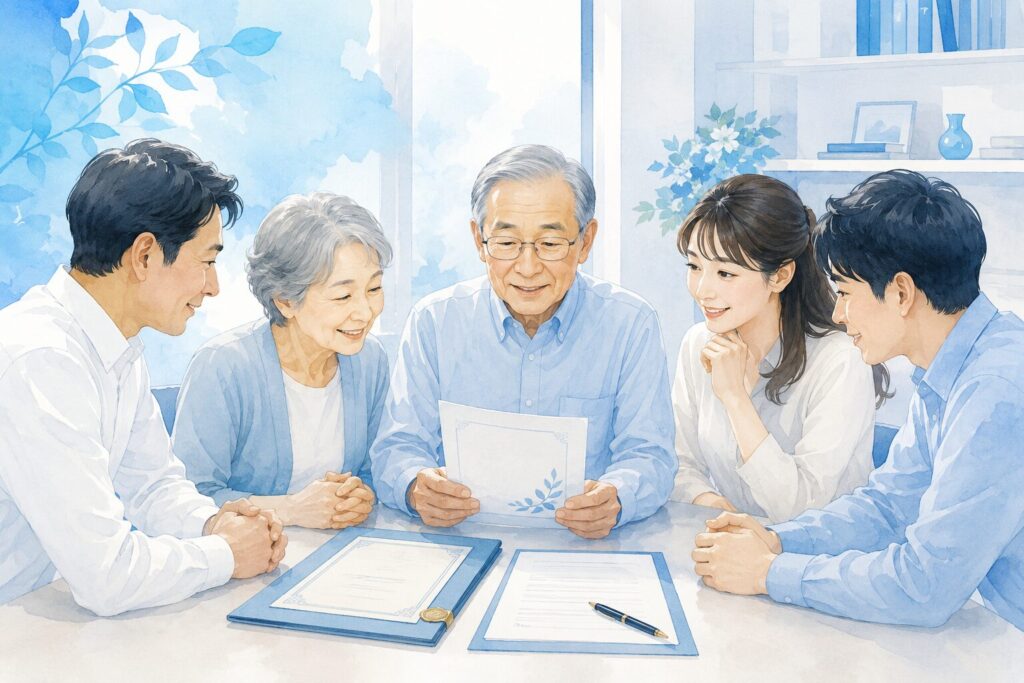 高齢の男性が家族と一緒にテーブルを囲み、遺言書や公正証書の書類を見ながら穏やかに話し合っているイラスト。