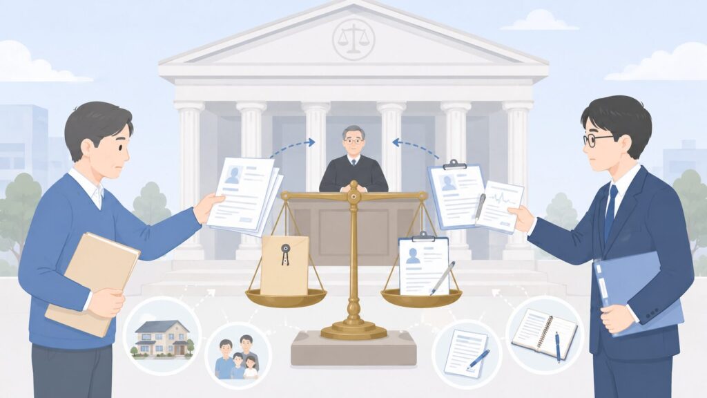 裁判所の前で、当事者が提出した証拠をもとに遺言書の有効性を判断する場面のイラスト