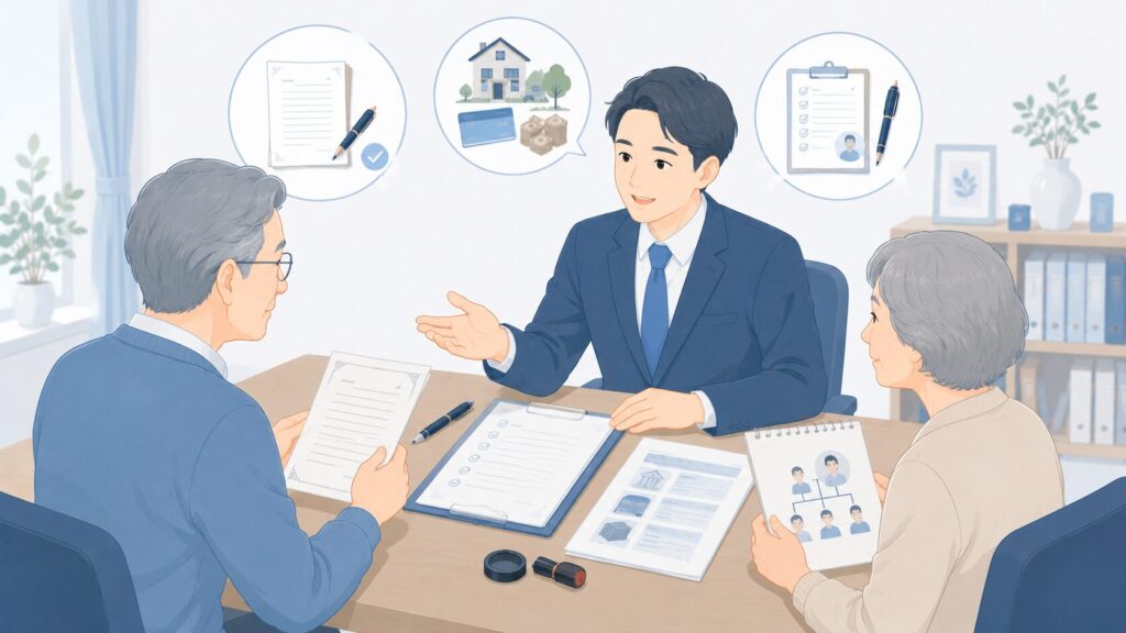 遺言書や家族構成の資料、財産一覧を持参した高齢夫婦が、行政書士のような専門家に遺言書の見直しを相談しているイラスト