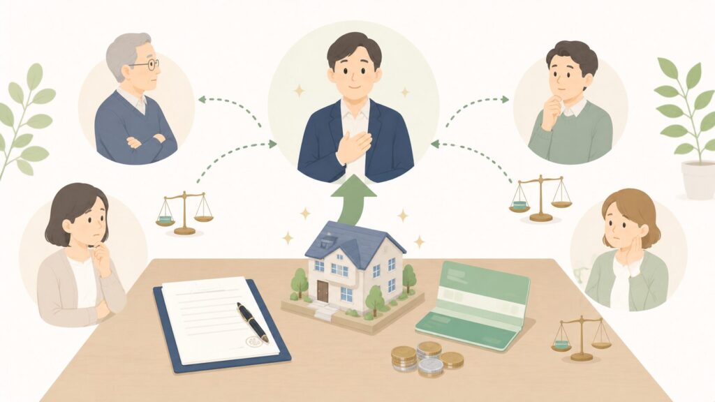 遺言書と財産資料を前に、一人の相続人へ多くの財産が向かい、他の相続人の遺留分をバランススケールで示したイラスト