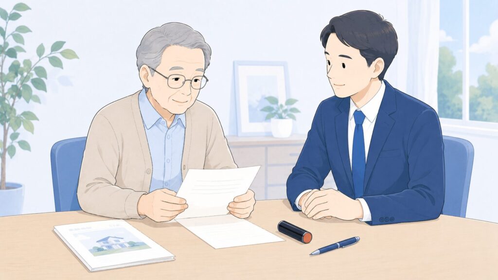 高齢の親が専門家と一緒に遺言書を確認し、本人の意思で内容を確かめている様子