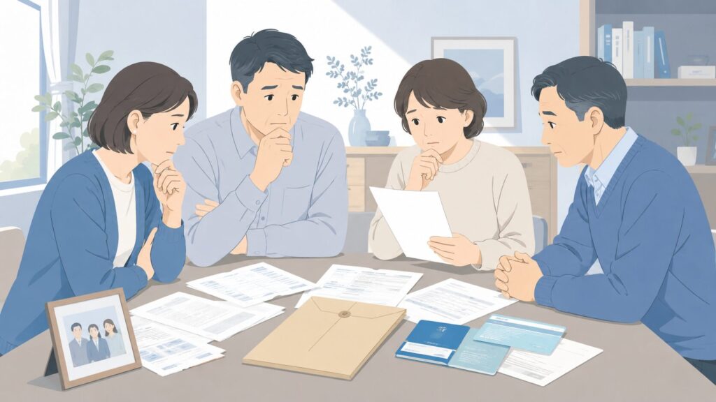親の死後に見つかった遺言書を前に、40代〜50代の兄弟姉妹が相続関係の書類や家族写真を確認しながら話し合っている様子。相続トラブルへの不安を抱えつつも、冷静に遺言内容を確認している場面。