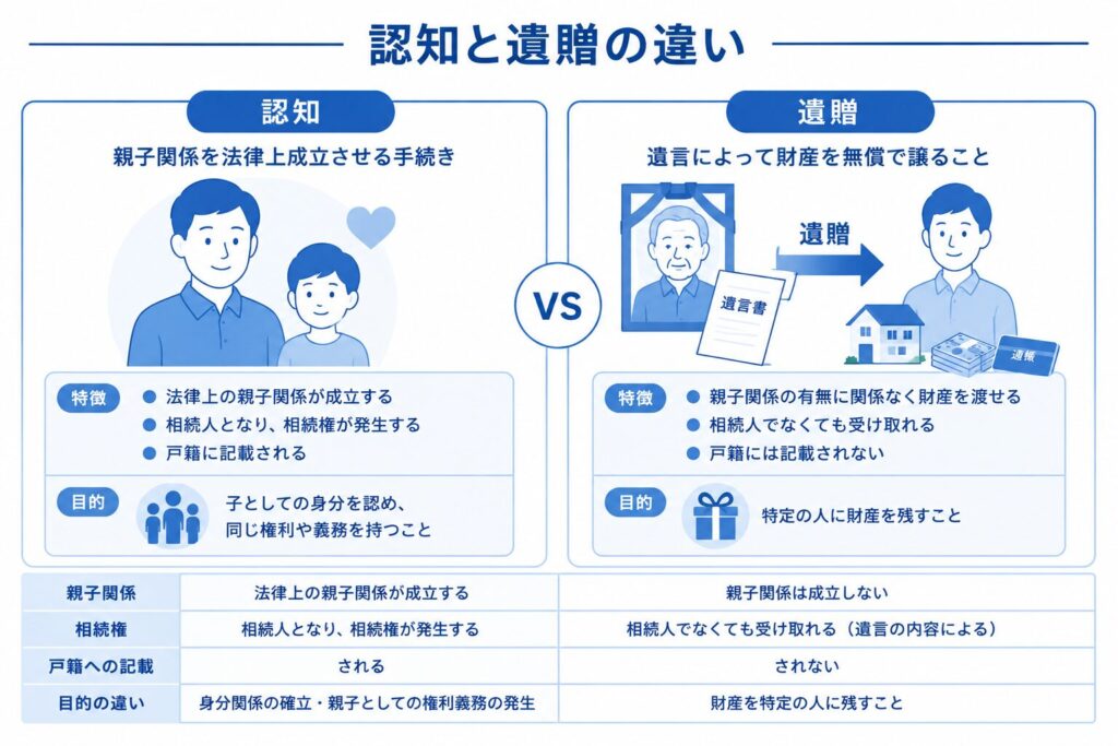 認知と遺贈の違いを比較し、親子関係の成立と財産承継の違いを示した図解