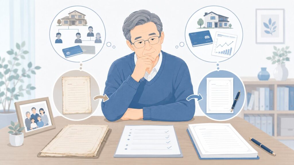 古い遺言書と新しい遺言書を並べ、高齢男性が現在の意思に合う内容へ書き直す流れを確認しているイラスト