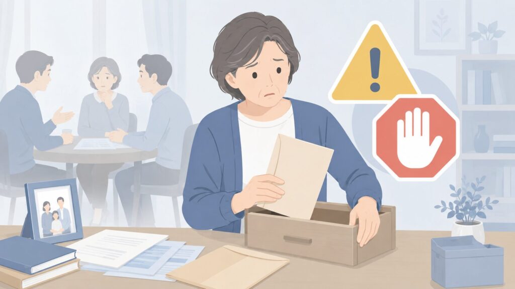 遺言書を引き出しにしまおうとする相続人と、それを制止する注意マーク。背景では他の相続人が話し合っており、遺言書を隠してはいけないことを表現している。