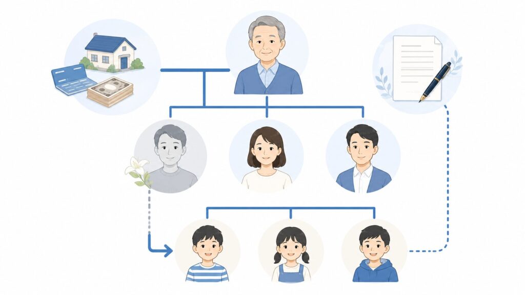 祖父より先に子が亡くなっている場合に、その子に代わって孫が財産を相続する代襲相続の流れを示した家系図イラスト