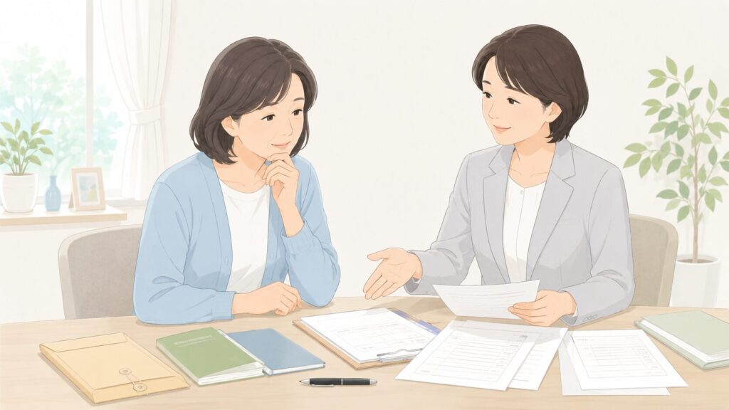 相続手続きの書類を前に、専門家と手続きの順番を確認する日本人女性