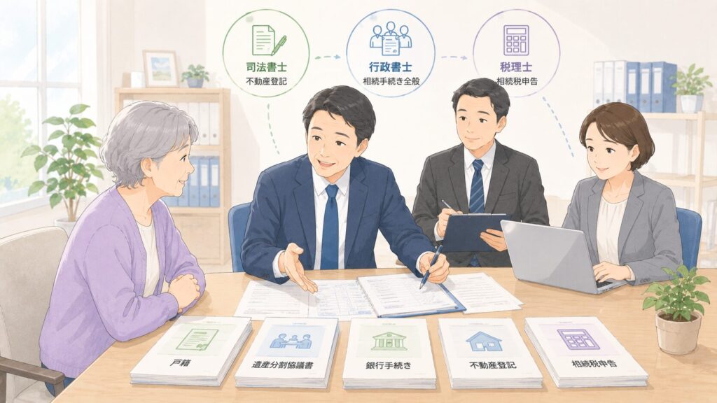 行政書士を窓口に、司法書士や税理士と連携して相続手続きの説明を受ける高齢の妻