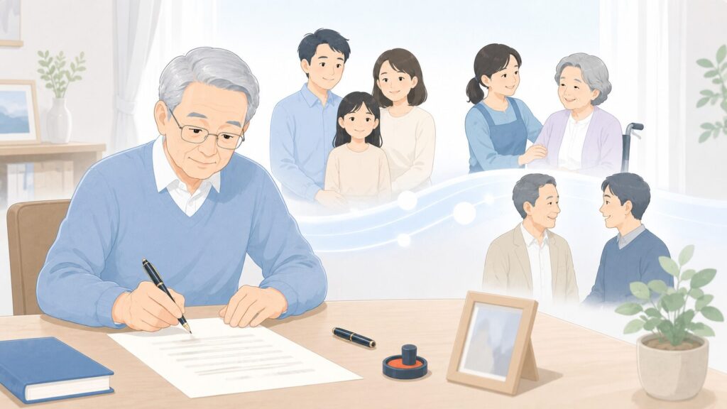家族や友人、介護してくれた人へ感謝を込めて財産を残すため、遺言書を作成する高齢者のイラスト
