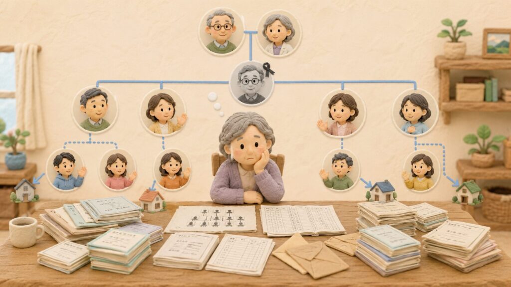 子どものいない夫婦の相続で、亡夫の兄弟姉妹や甥・姪との関係を戸籍や家系図で確認する妻