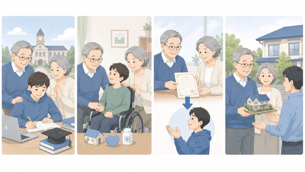 孫へ財産を残したい理由として、教育支援、生活や医療への備え、遺言による財産承継、不動産の承継を4つの場面で表現したイラスト