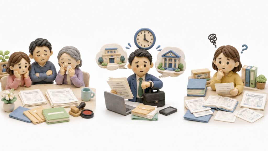 相続手続きが長引く原因として、悲しみ、仕事の忙しさ、手続きへの戸惑いを表した粘土細工風イラスト