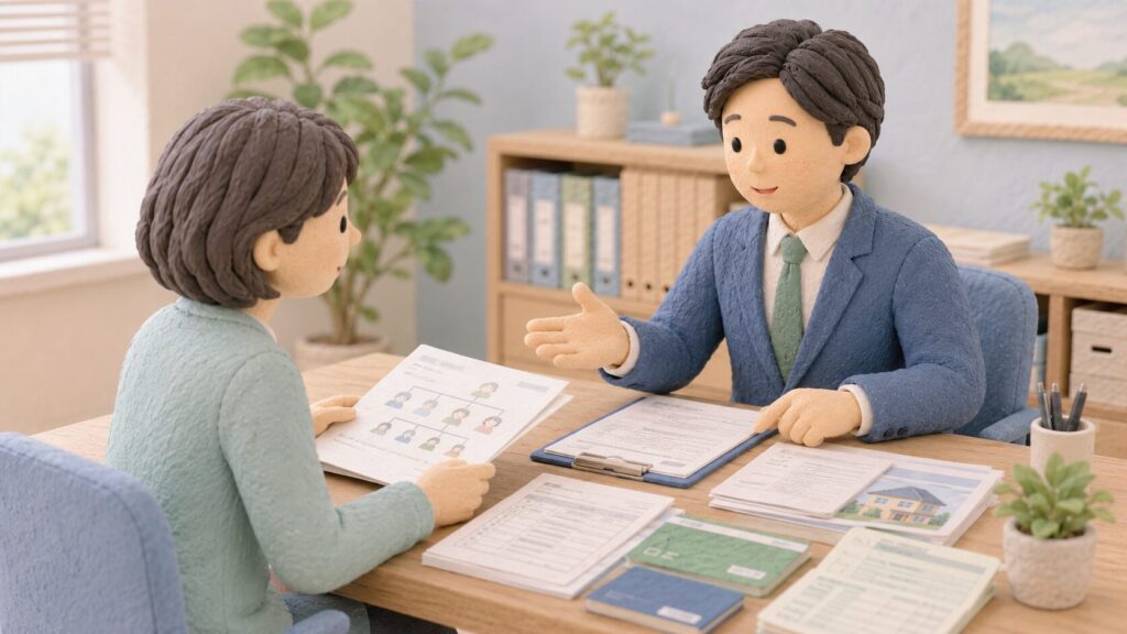 相続関係の書類を見せながら、手続きの一部を行政書士へ相談する相続人