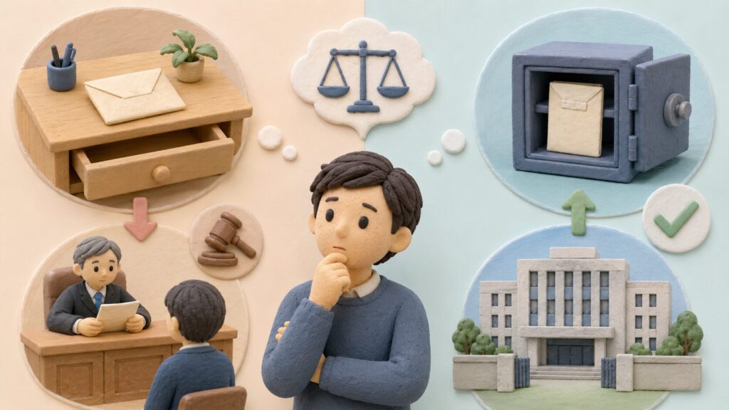 自宅保管と法務局保管の自筆証書遺言について、検認手続きの違いを確認する相続人