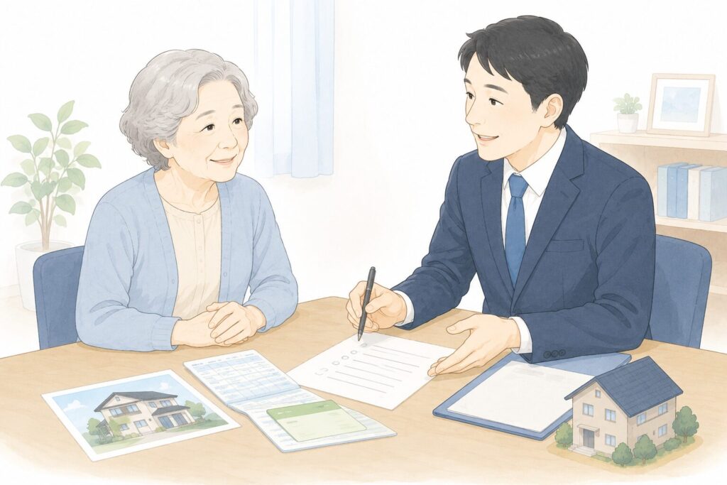 高齢女性が行政書士に、不動産や預貯金の資料を見せながら遺言書について相談しているイラスト