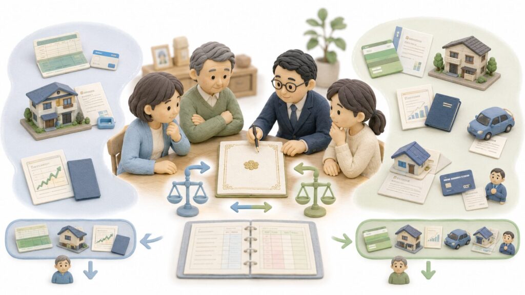公正証書遺言の財産内容と、死亡時の預貯金・不動産・証券・自動車・負債を照合する家族と行政書士