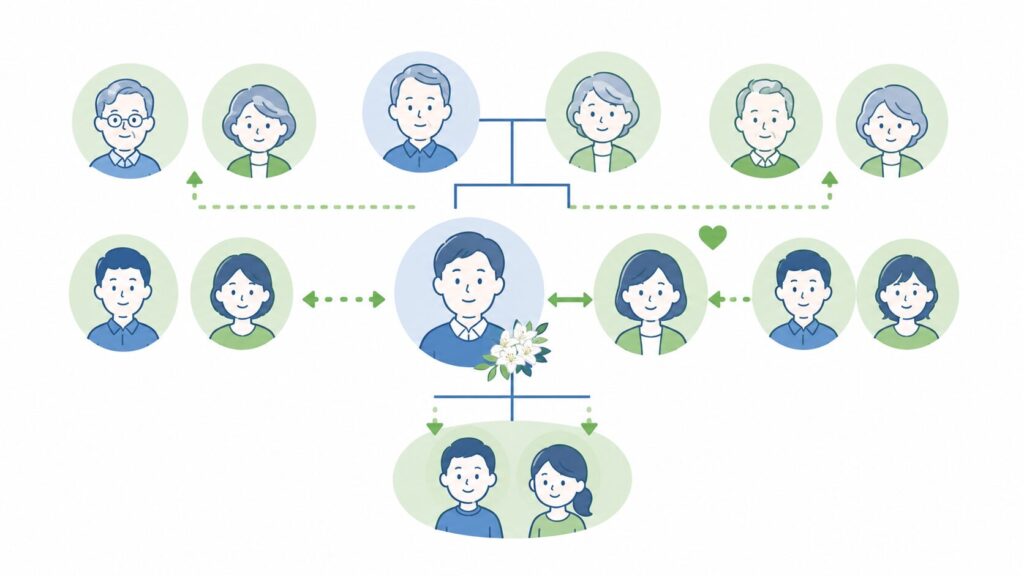 亡くなった人を中心に、配偶者、子、父母や祖父母、兄弟姉妹の関係と法定相続人の順位を示した家系図風イラスト