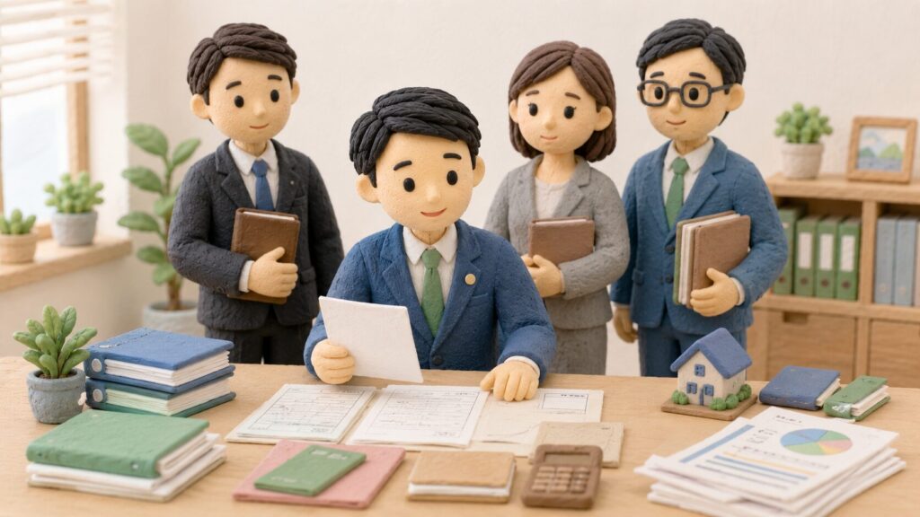 行政書士が相続関係の書類を整理し、弁護士・税理士・司法書士と連携して対応する様子