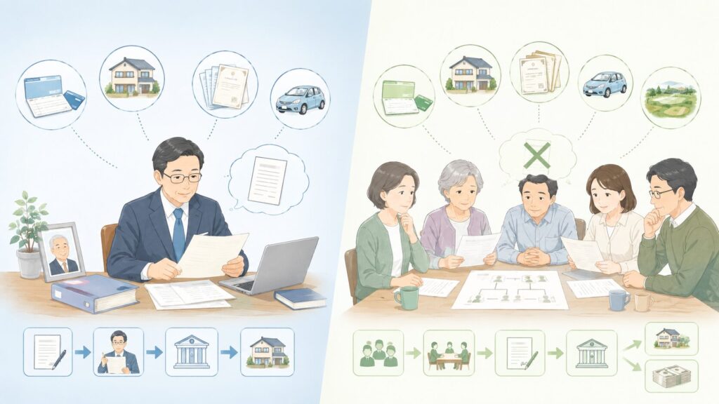 遺言書がある場合の遺言執行者による手続きと、遺言書がない場合の相続人による遺産分割協議を比較したイラスト