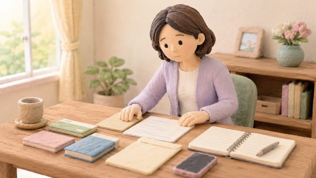 親の葬儀後、週末に実家で通帳や契約書など相続関係の書類を整理する40代女性
