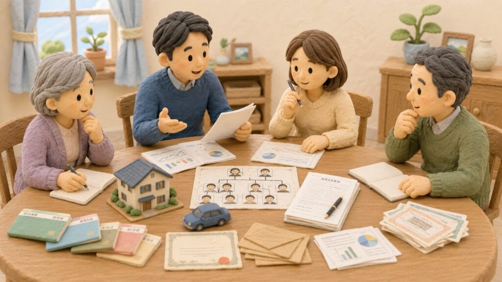 遺言書がない場合に、相続人全員で財産目録や家系図を確認しながら遺産分割協議を行う様子
