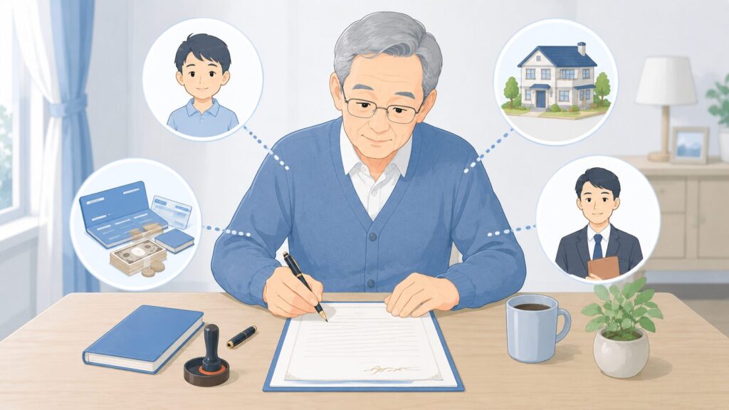 孫へ財産を残すため、預貯金や不動産、遺言執行者を整理しながら遺言書を作成する高齢者のイラスト