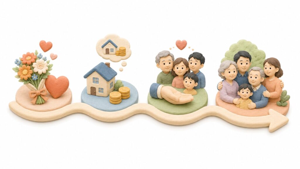 家族への付言事項を作る流れを、感謝、財産の整理、家族への配慮、支え合いの4段階で表したイラスト