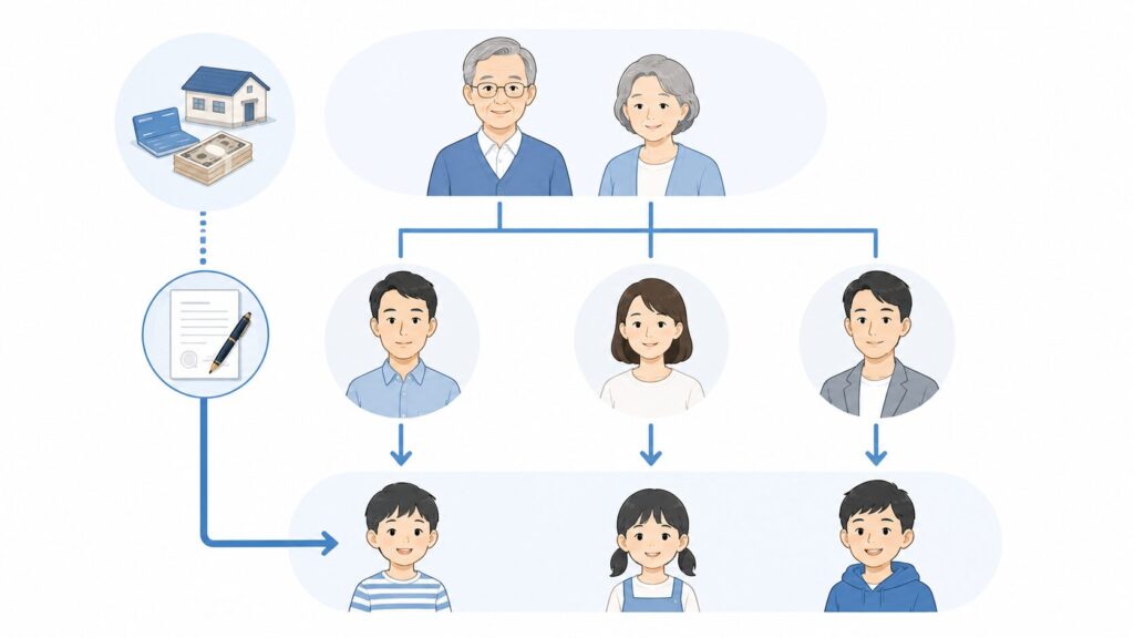 子が健在の場合の法定相続と、遺言書によって祖父母から孫へ直接財産を残す流れを示した家系図イラスト