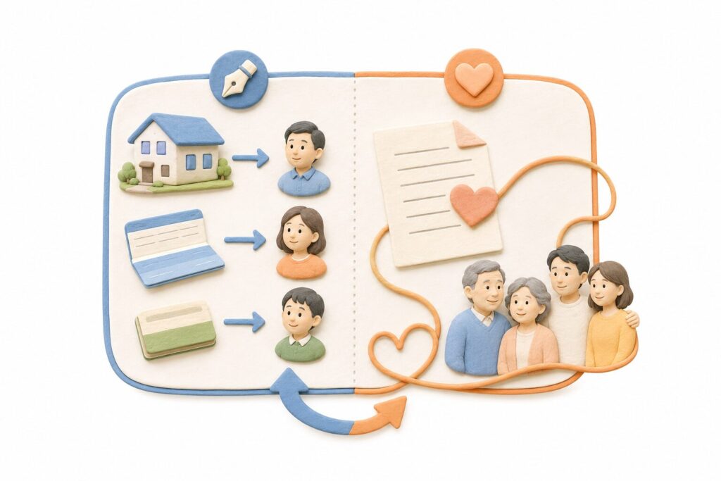 遺言書の法的な内容と家族への感謝のメッセージを左右に分けて表したイラスト