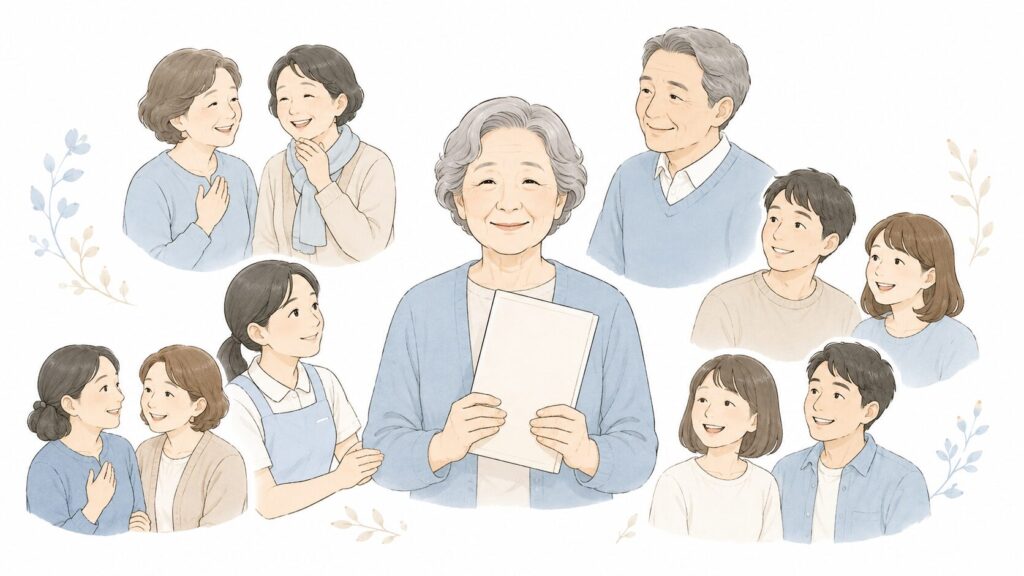 遺言書を持つ高齢女性と、友人や内縁の配偶者、介護者、近所の人、甥や姪をイメージした人々