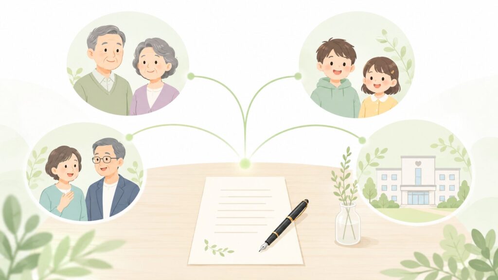遺言書とペンから内縁の配偶者、孫、友人、公益団体へ線がつながる相続・遺言のイラスト