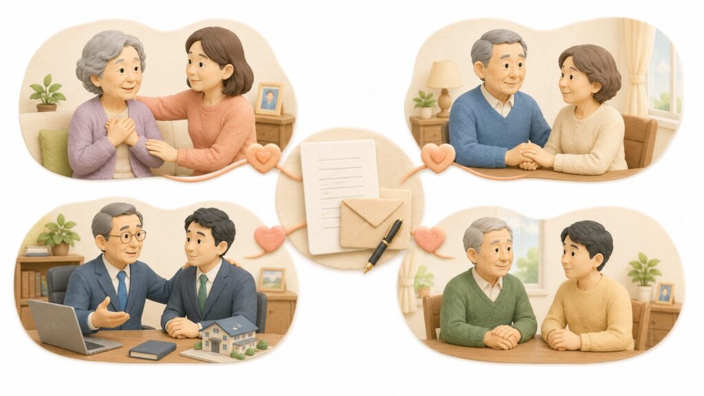 介護してくれた娘、内縁のパートナー、事業の後継者、同居する子への思いを付言事項で伝える場面