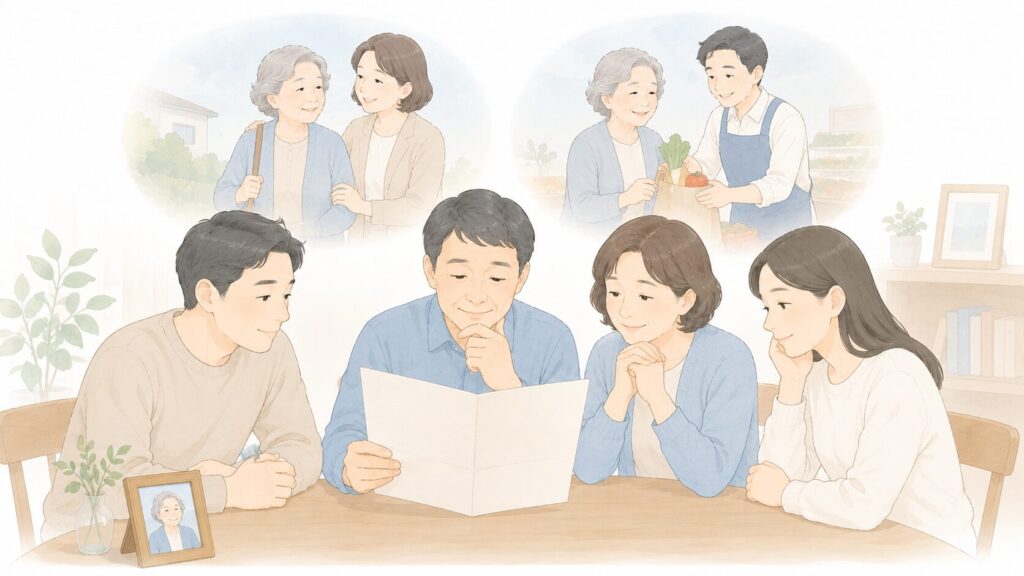 遺言書を読む家族が、高齢女性を支えた友人や介護者との交流を思い浮かべているイラスト