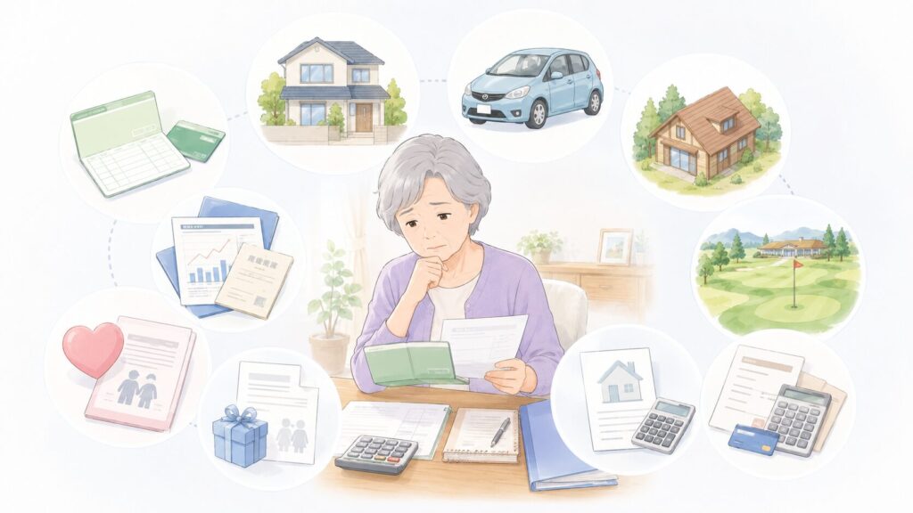 亡くなった夫の預貯金や不動産、保険、借金などの財産と負債を確認する高齢の妻