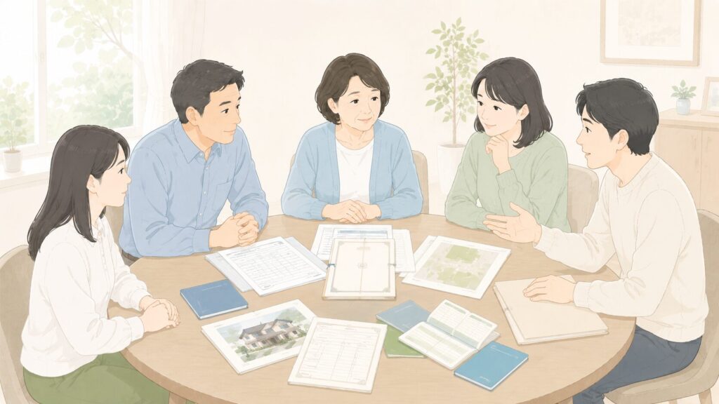 相続人全員で資料を確認しながら、遺産の分け方を話し合う家族