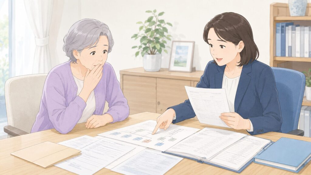 夫の戸籍から前婚の子が相続人だと分かり、女性行政書士から説明を受ける高齢の妻