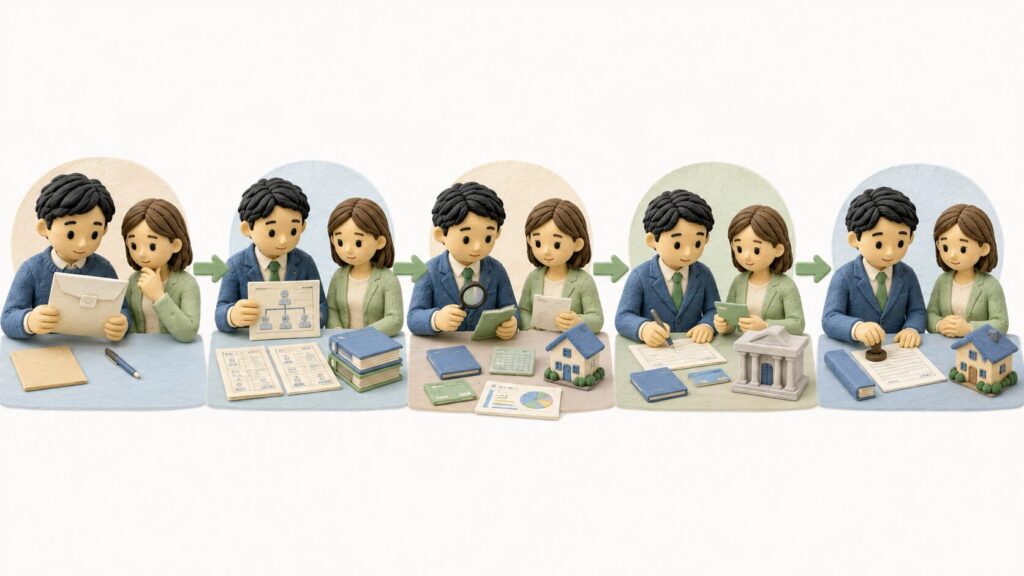 自筆証書遺言の検認後に、相続人確認、財産調査、預貯金・証券手続き、不動産名義変更へ進む流れ