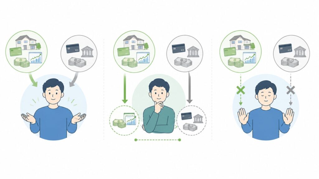 相続で、財産と借金の両方を引き継ぐ場合、財産の範囲内で借金を負担する場合、財産も借金も引き継がない場合を比較したイラスト