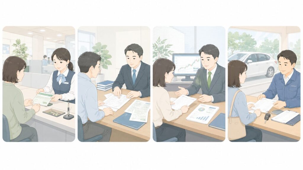 銀行、不動産、証券、自動車の相続後の名義変更手続きを示したイラスト