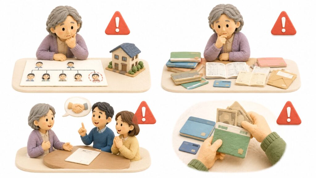 遺言書がない相続で、相続人の除外、財産の未確認、口約束、預金の無断引き出しに注意する場面