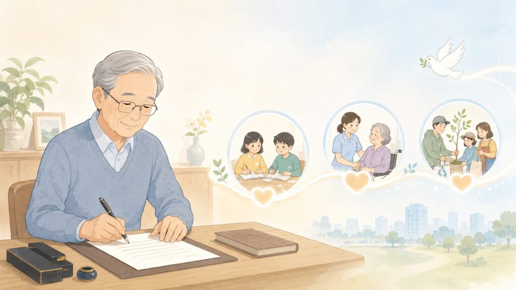 遺言書を作成する高齢者と、教育支援・医療福祉・NPO活動への寄付による社会貢献を表現したイラスト